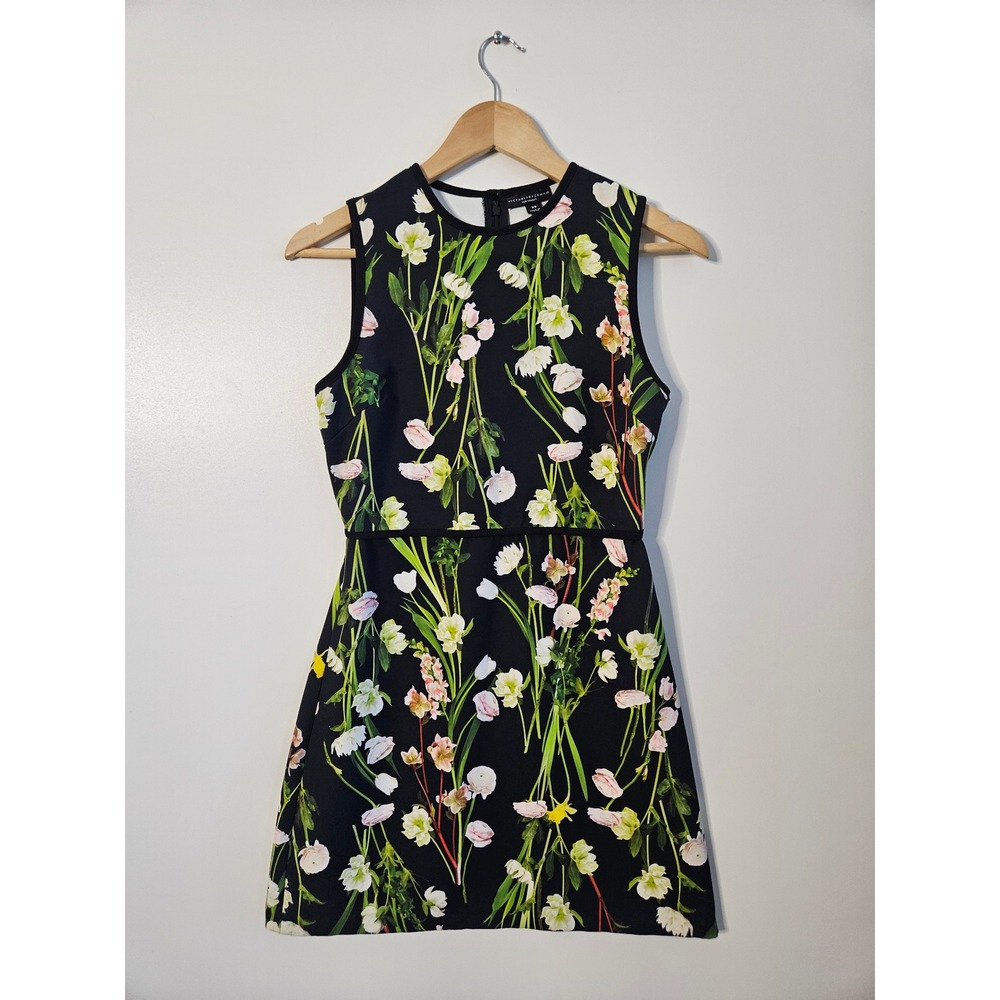 Victoria Beckham Target Floral Shift Dress XS Black English Satin Mini Mod EUC
